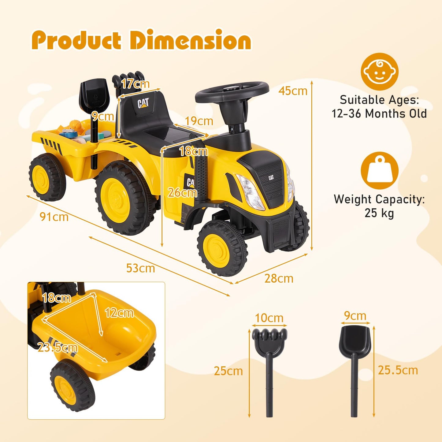 COSTWAY Kids ride-on tractor with LED lights, horn, detachable trailer, rake, shovel, and foot-to-floor design for toddlers.