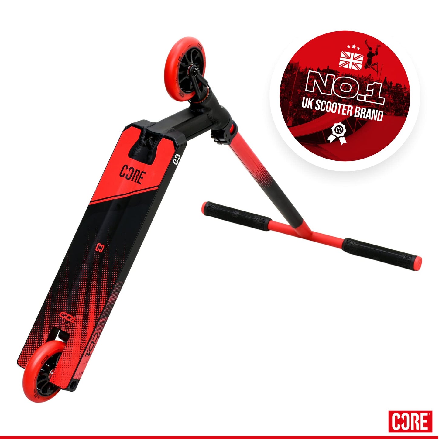 Core CD1 stunt scooter in black and red, designed for kids ages 8-12, ideal for freestyle tricks and skatepark use.