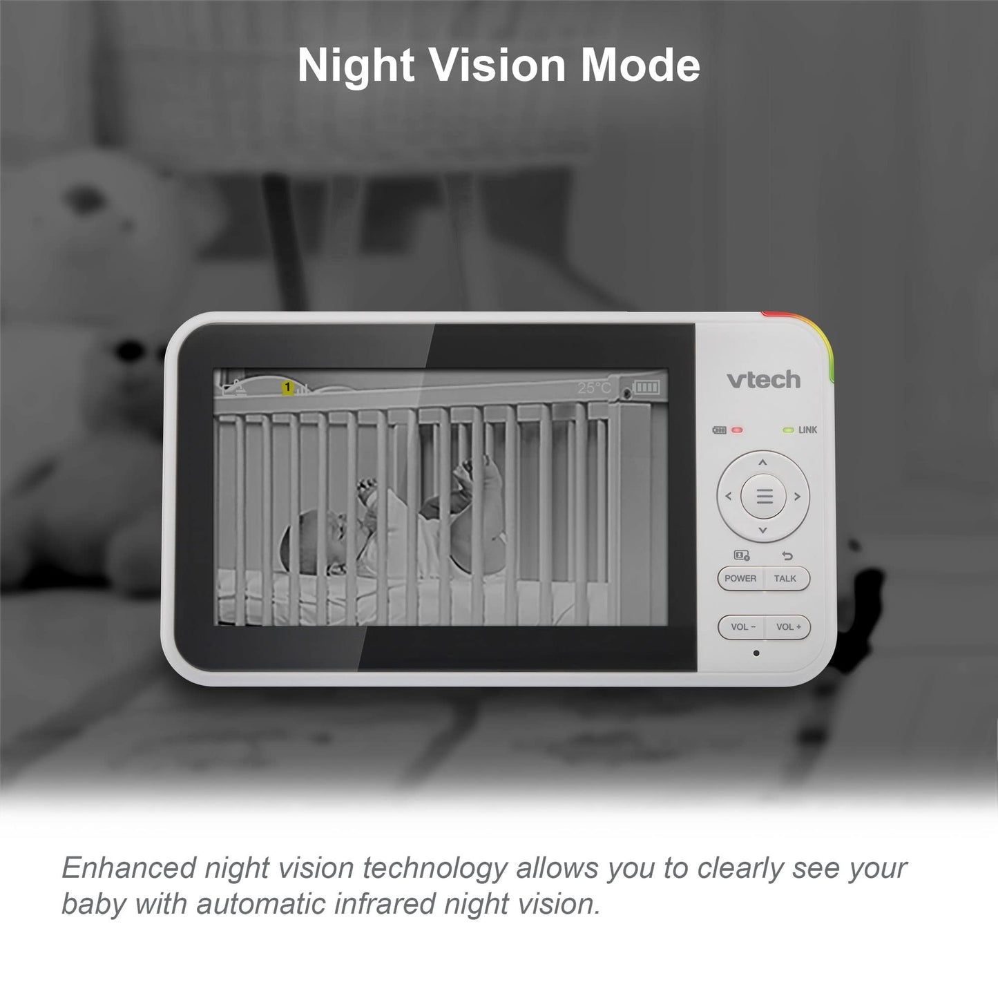 VTech VM924 video baby monitor with 5-inch LCD screen, pan and tilt camera, night vision, and two-way talk feature.