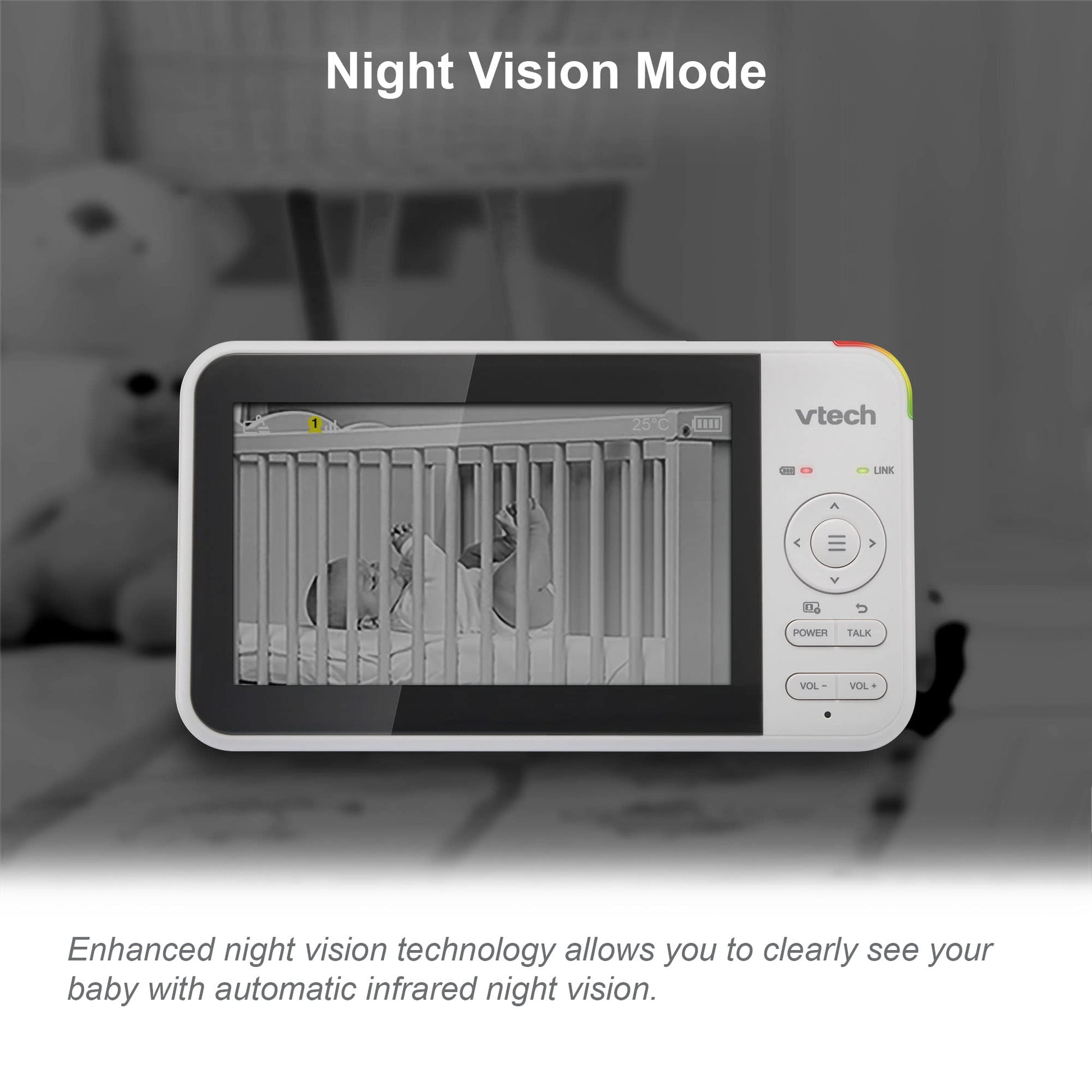 VTech VM924 video baby monitor with 5-inch LCD screen, pan and tilt camera, night vision, and two-way talk feature.