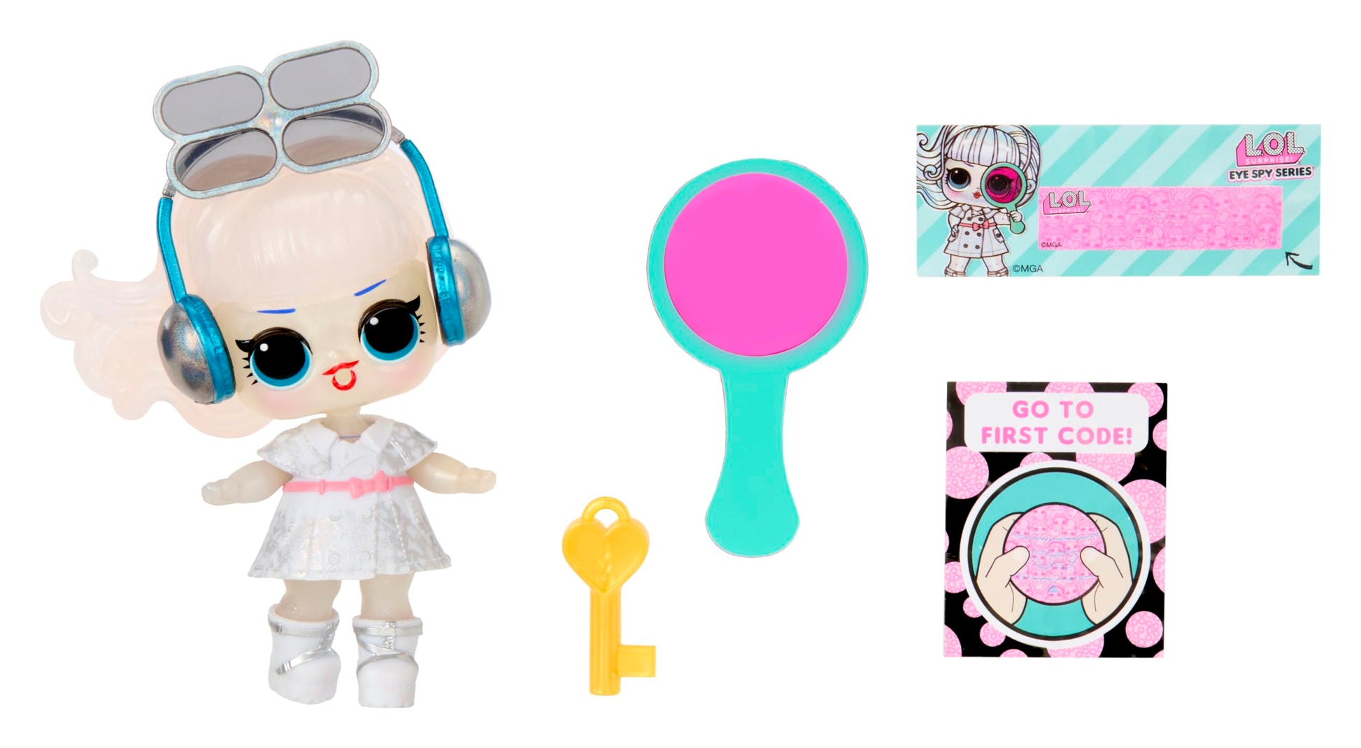 L.O.L. Surprise! Eye Spy Series Tots doll with blind packaging, color-change feature, fashions, and accessories.