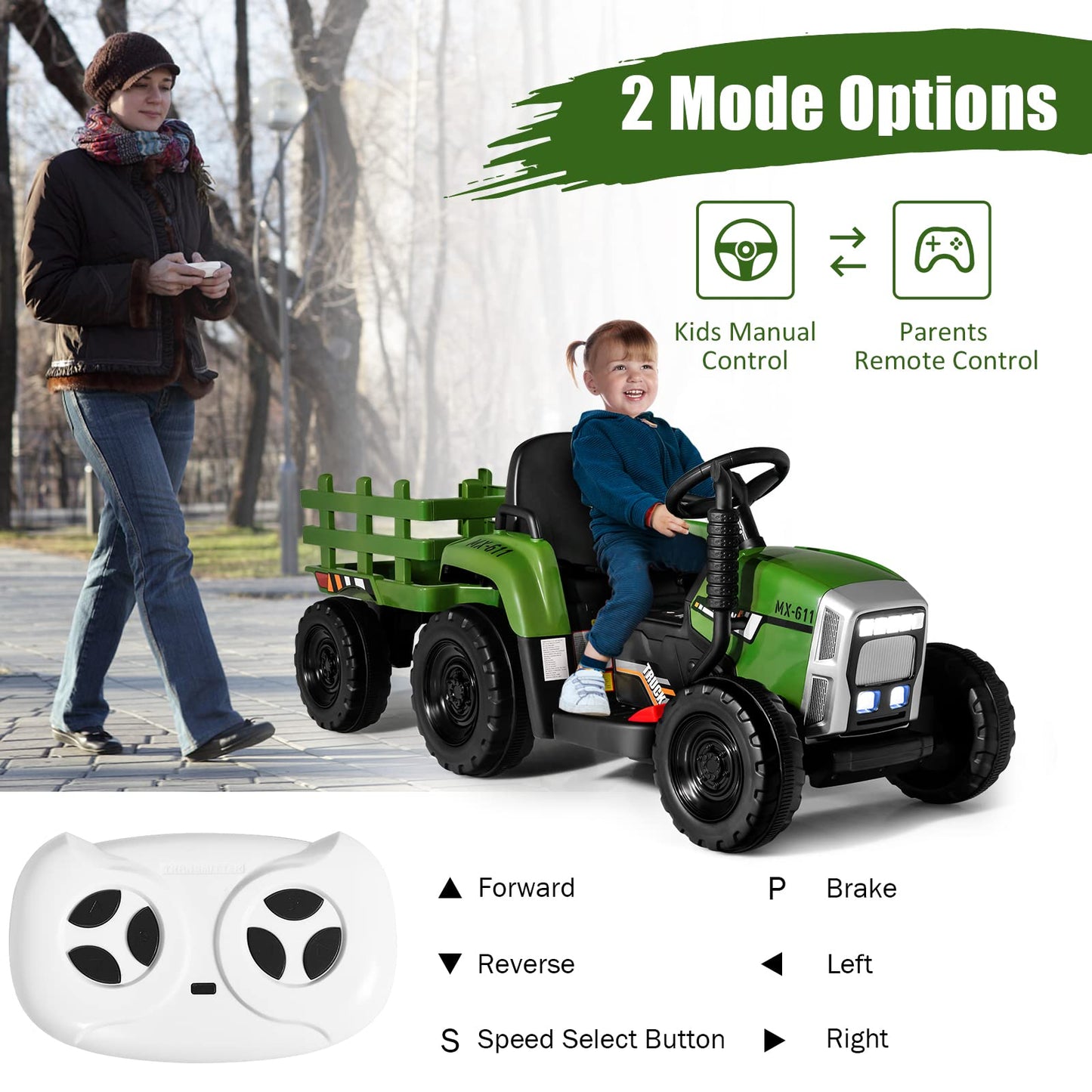 Dark green COSTWAY ride-on tractor with trailer, 12V battery, LED lights, remote control, USB, Bluetooth music, four wheels for kids