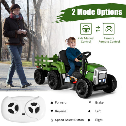 Dark green COSTWAY ride-on tractor with trailer, 12V battery, LED lights, remote control, USB, Bluetooth music, four wheels for kids