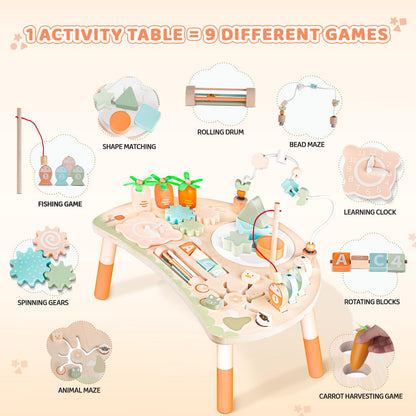 Hewaurorion 9-in-1 wooden activity table for toddlers, features shape sorter, bead maze, fishing game, and sensory play for 1+ year olds.
