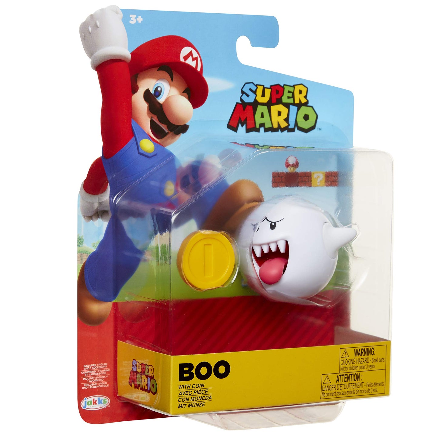 Super Mario Nintendo Boo 4-inch articulated action figure with coin accessory, ideal for kids and collectors.