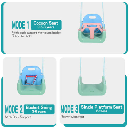 REDCAMP 3-in-1 Ajustable Toddler Swing Seat，High-Back Baby Swing Chair with Safety Strap,Ideal for Garden Indoor Outdoor Playground,6 months - teens, Light Blue