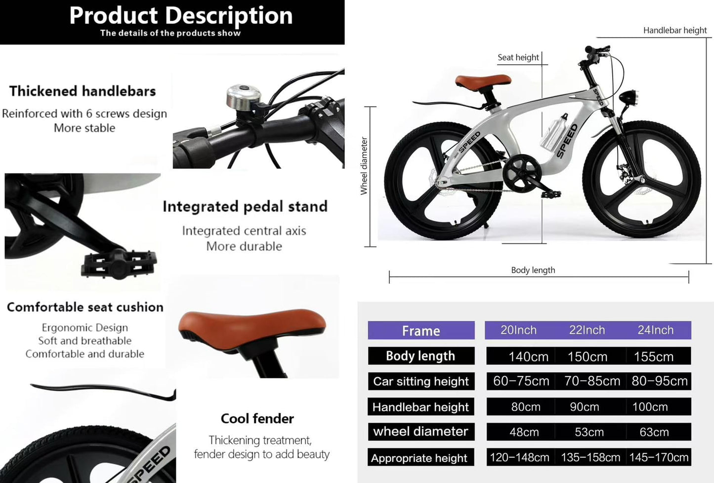 Elegant Kids Bike, 20” 22" 24” Mountain Bike, Road Bike, Sport Bicycle, Elegant Design, Suspension, Magnesium Alloy Frame and Wheels, Dual Disc Brakes, Tool Kit, LED Headlight, 6 to 12 Years (24 Inch)