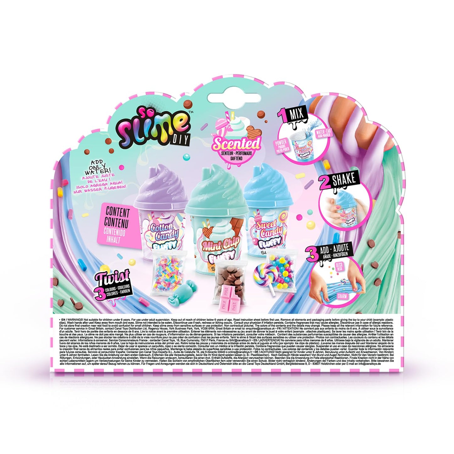 Set of three fluffy slime pots from Canal Toys SSC 101 with glitter, confetti, and mini surprise figurine for children 6+