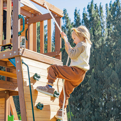 DOLPHIN PLAYGROUND T Swing Set for Backyard with Slide, 2 Swings, Trapeze Bar, Climbing Wall, Play house for Kids Outdoors with Kitchen Toys and Wooden Roof – Cedar Wood Outdoor Playset for Ages 3+