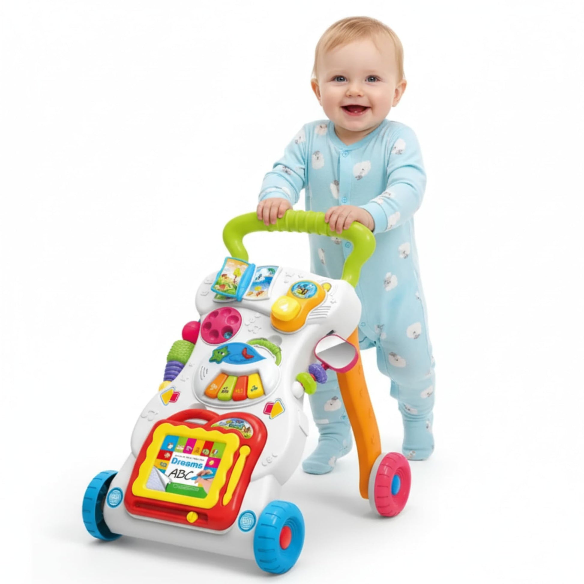 Celino Baby Walker with shape sorter, lights, and music for 6 months to 3 years, ideal for first steps and pretend play.