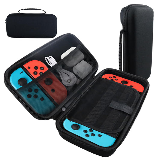 Abnaok Nintendo Switch 2 protective travel case with screen padding, game card slots, microSD slots, and zipped open pockets.