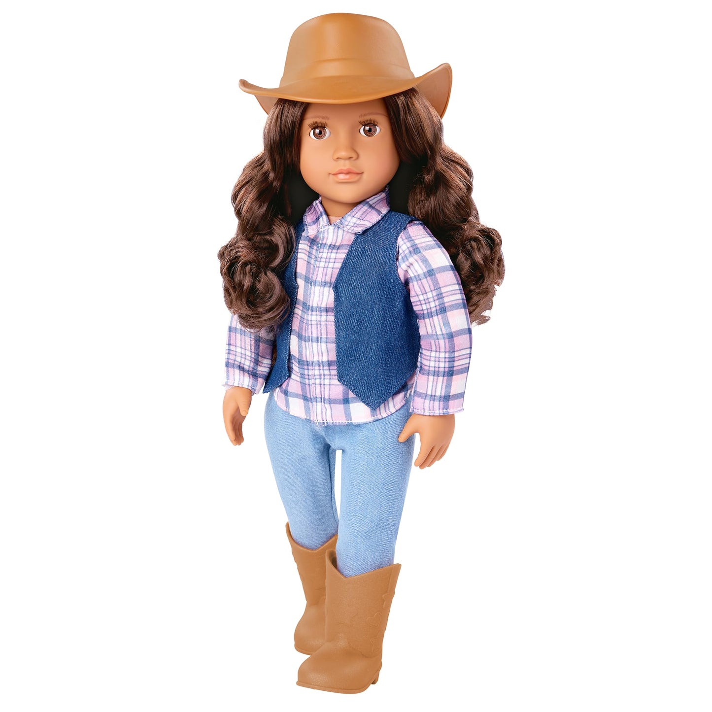18-inch Our Generation Carolyn Cowgirl Doll wearing tall riding boots and a cowboy hat, featuring lifelike brown eyes.
