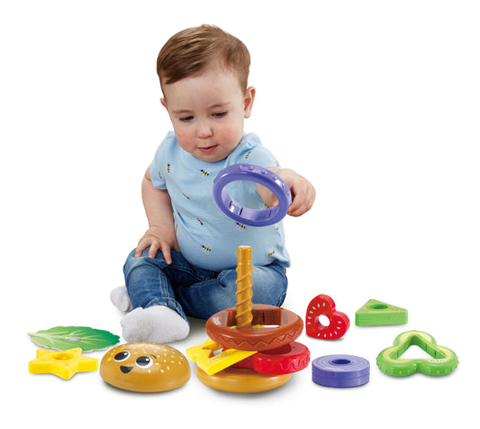 VTech Baby Build-a-Burger, Stacking and Sorting Toy with 6 Food Pieces, Shape Sorting, Stacking Play, Matching, Spinning and Colours, Gift for Babies 18, 24 months +, English Version