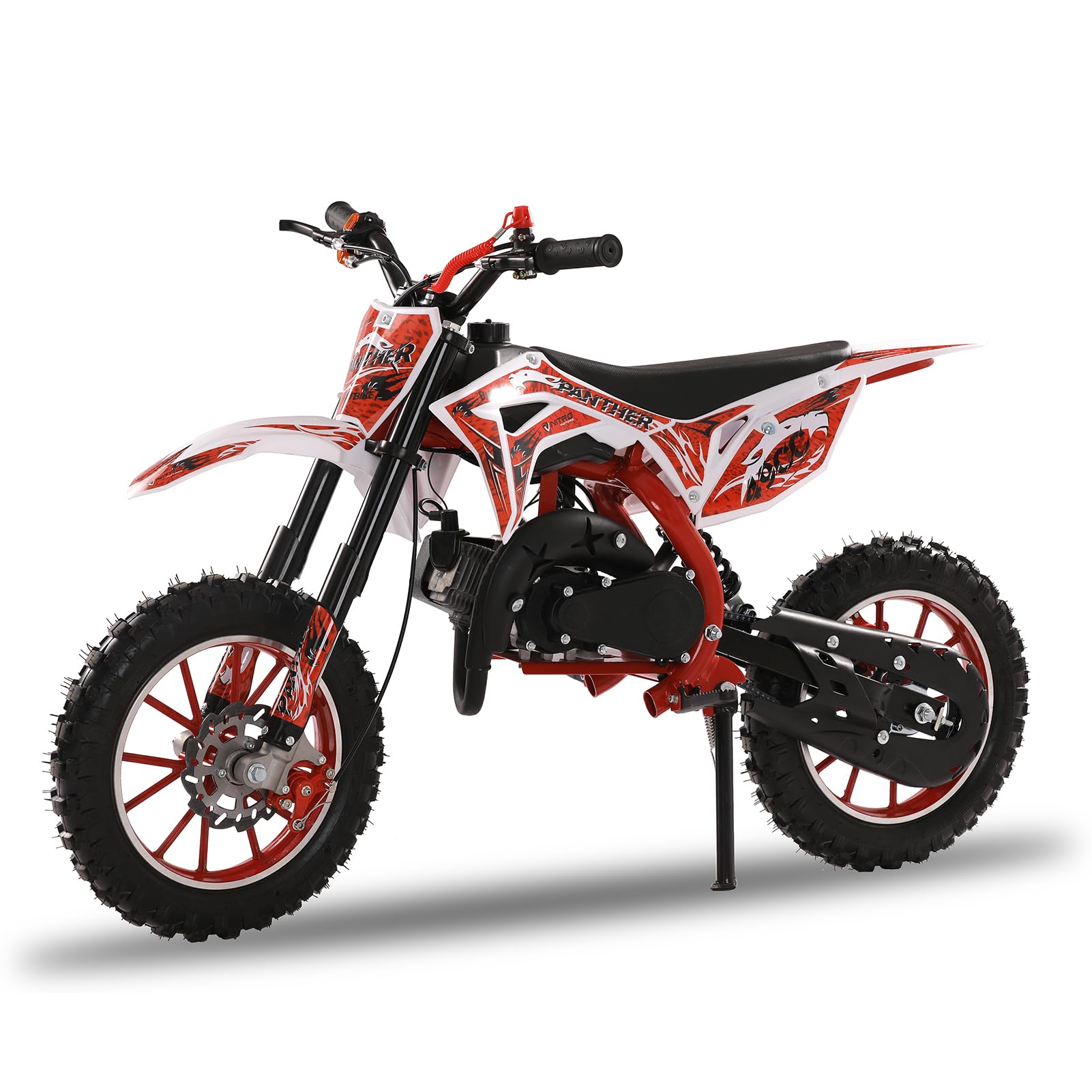 Loqifox 49cc kids dirt bike with off-road tires, dual disc brakes, gas-powered mini motorcycle for children ages 8-12.