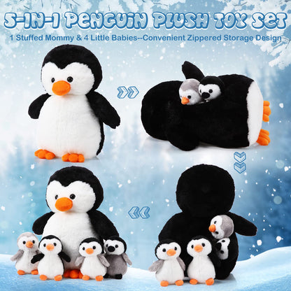 Harrycle 5 Pcs Stuffed Animal Penguin Plush Toy Set 14 Inch Mommy Penguin Stuffed Animal with 4 Cute Babies in Zippered Belly Soft Cuddly Plushie for Kids Gifts(Lovely Style)