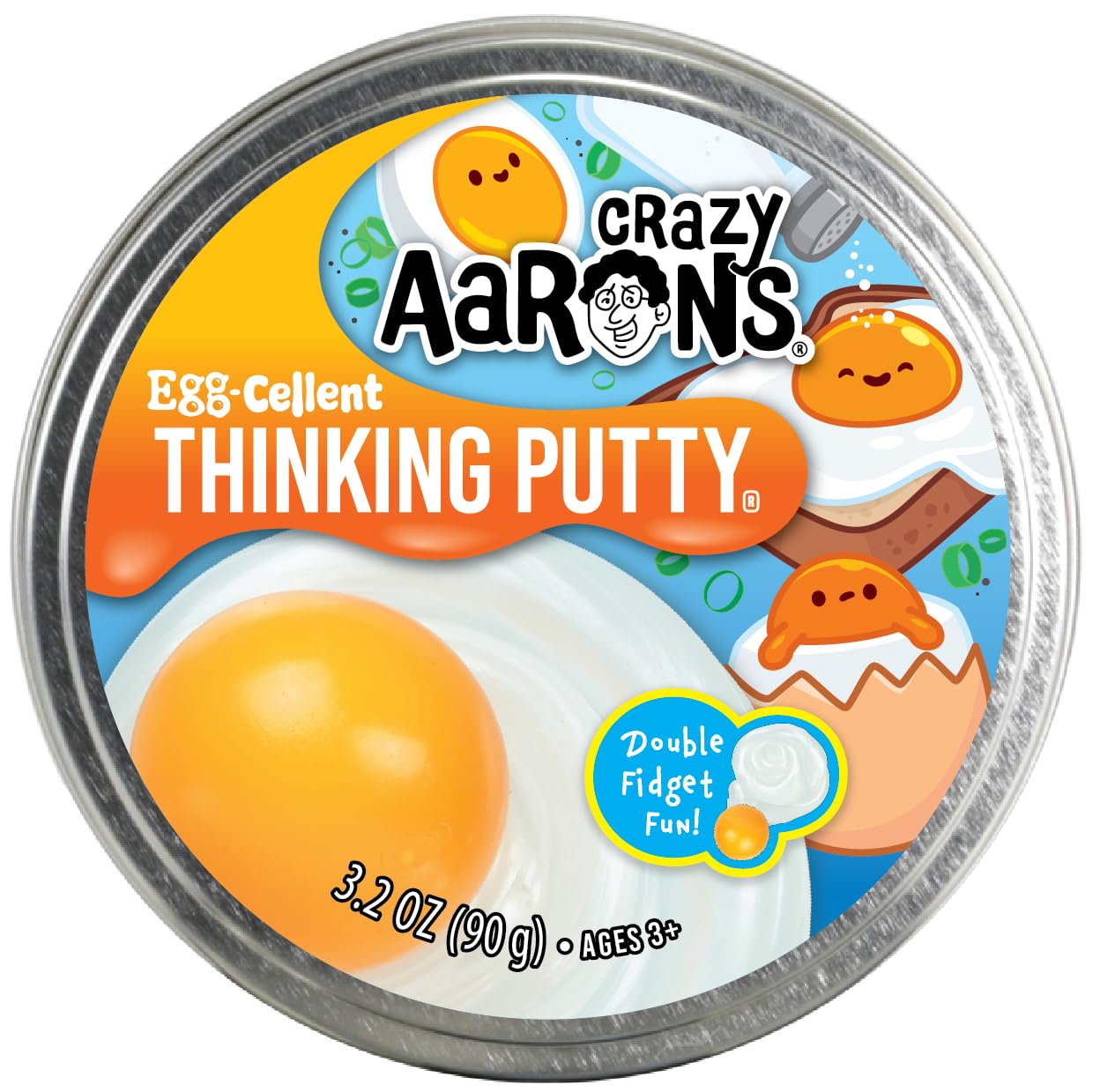 Crazy Aaron's Trendsetters Egg-Cellent Thinking Putty in a clear container, showing vibrant, stretchy blue putty for sensory play.