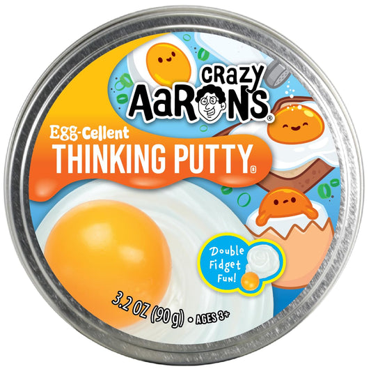 Crazy Aaron's Trendsetters Egg-Cellent Thinking Putty in a clear container, showing vibrant, stretchy blue putty for sensory play.