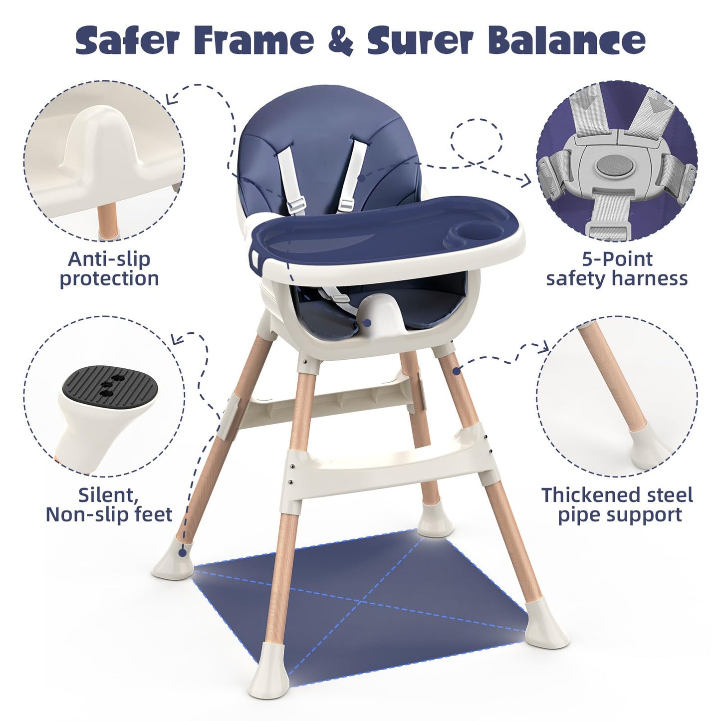 Blue Sweetmirth 4-in-1 convertible baby high chair with adjustable height, removable tray, and ergonomic design for toddlers 6 months to 5 years.