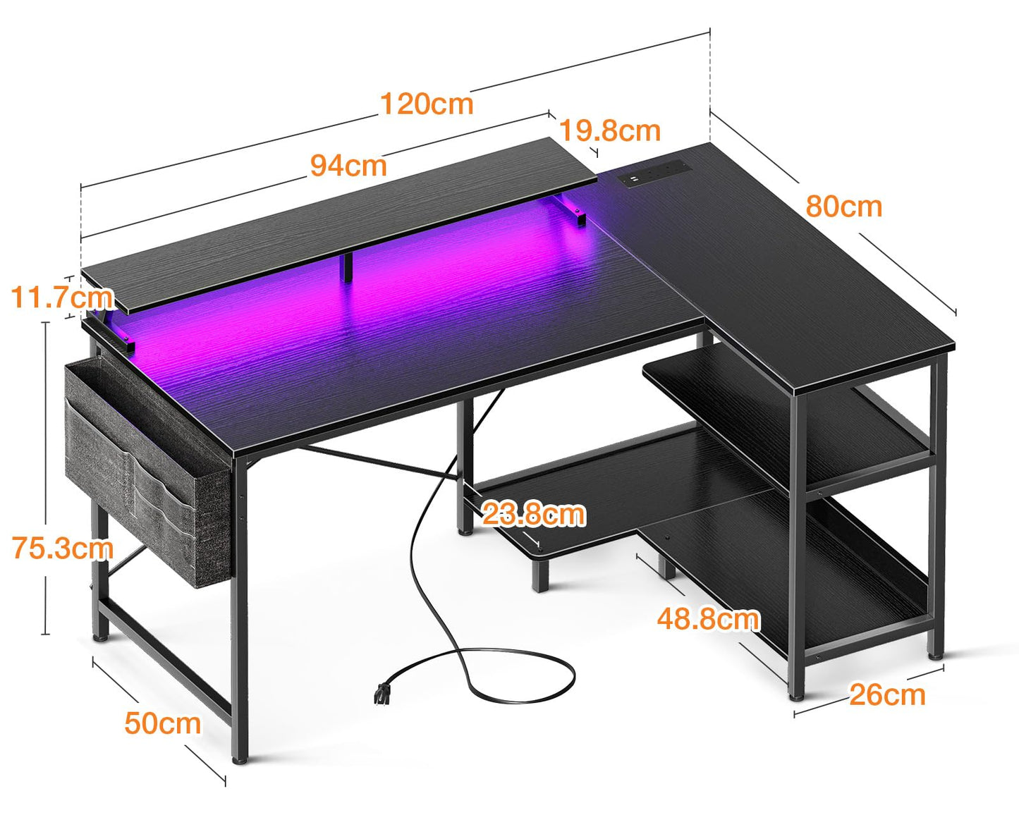 Black Coleshome L-shaped gaming desk with LED lights, monitor stand, storage shelves, and power outlet, 120x80 cm computer desk