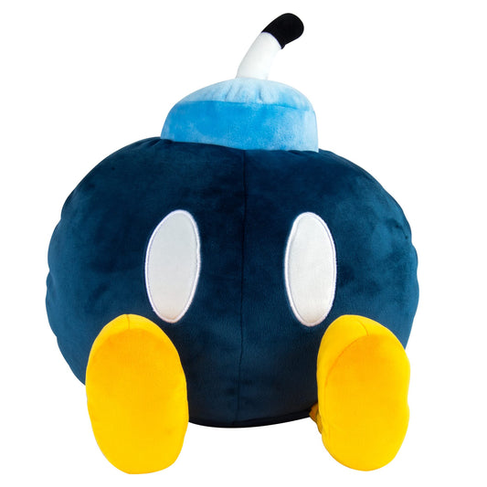 Blue Mega Bob-Omb plush toy from Nintendo, soft and cuddly Club Mocchi Mocchi plush featuring a detailed Bob-Omb design.