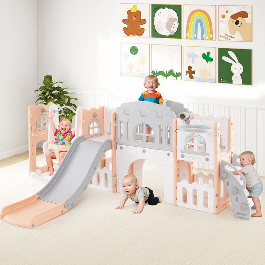 COSTWAY Toddler Swing and Slide Set, 10 in 1 Kids Slide with Climber Ladder, Basketball Hoop, Telescope, Tunnel, Storage Space, Indoor Outdoor Playground for 1+ Years Old (Grey + Pink)