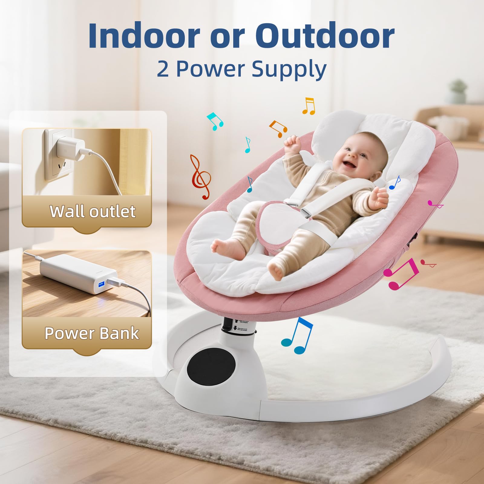 Cozydwells electric baby swing chair in pink with Bluetooth, 5 swing speeds, remote control, touch screen music speaker, portable design.