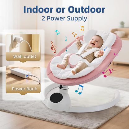 Cozydwells electric baby swing chair in pink with Bluetooth, 5 swing speeds, remote control, touch screen music speaker, portable design.