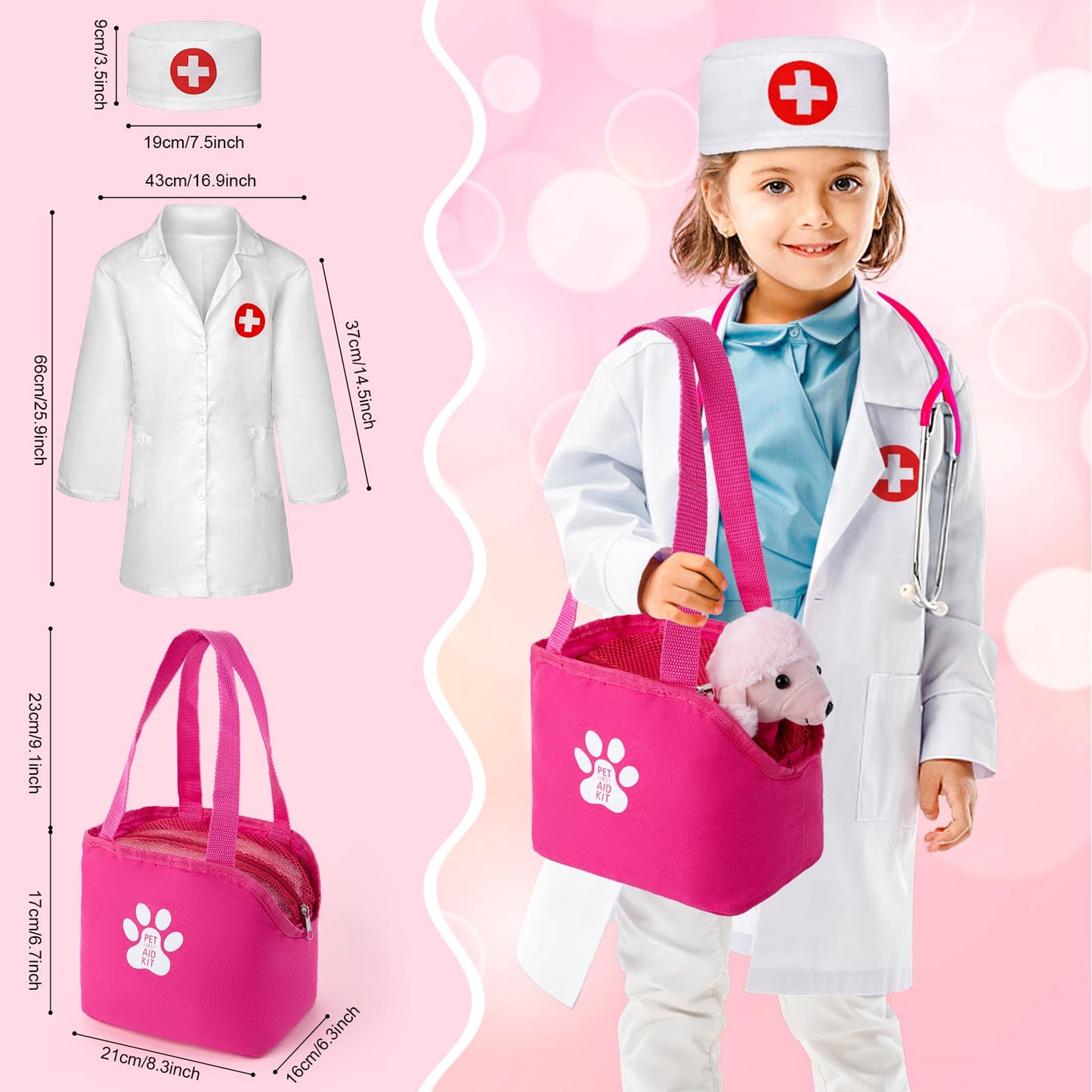 EFO SHM kids doctor set featuring a stethoscope, doctor costume, plush dog, and syringe for role play fun.