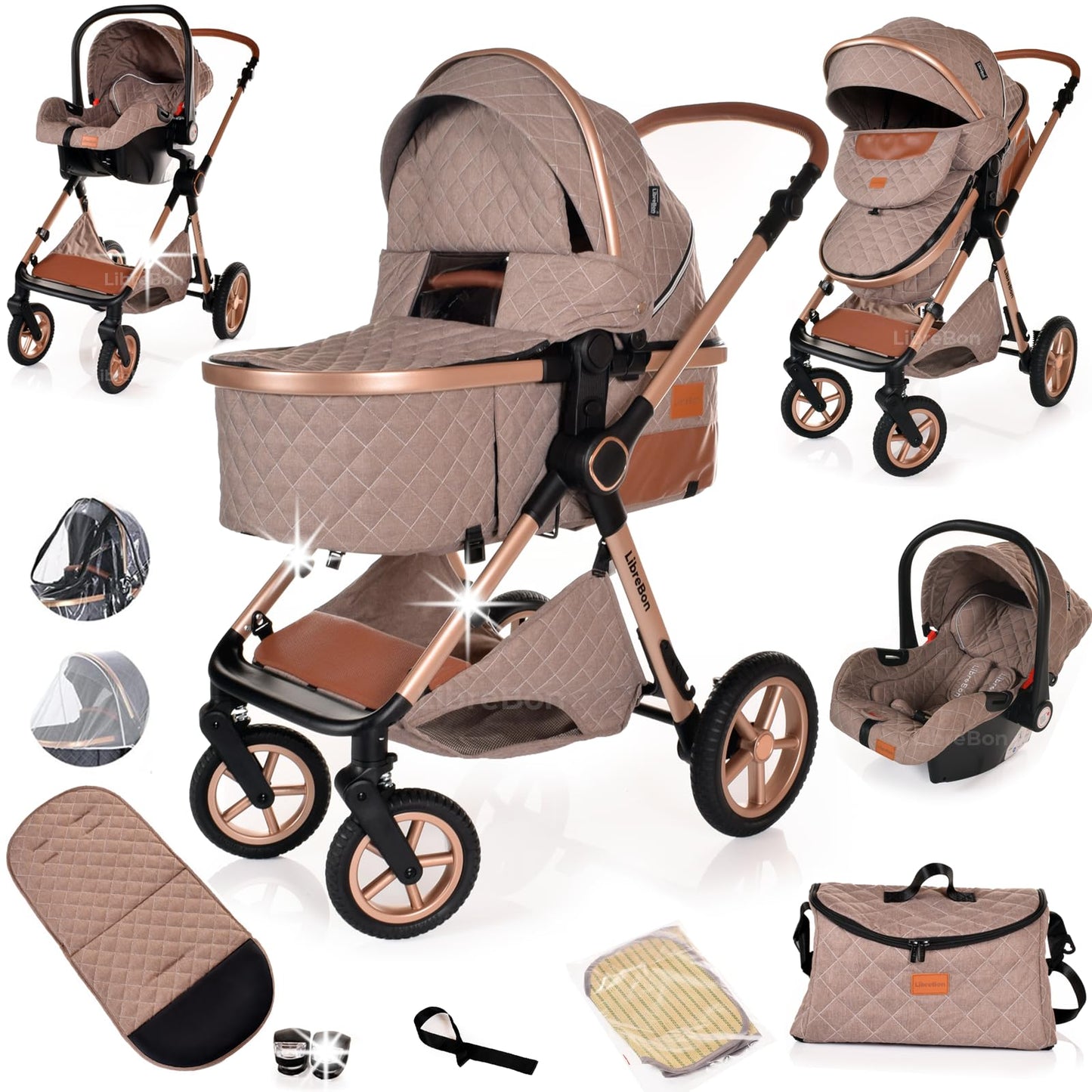Boneelook 3-in-1 baby buggy pram and stroller with lightweight aluminum frame, beige and rose gold travel system for newborns and toddlers.