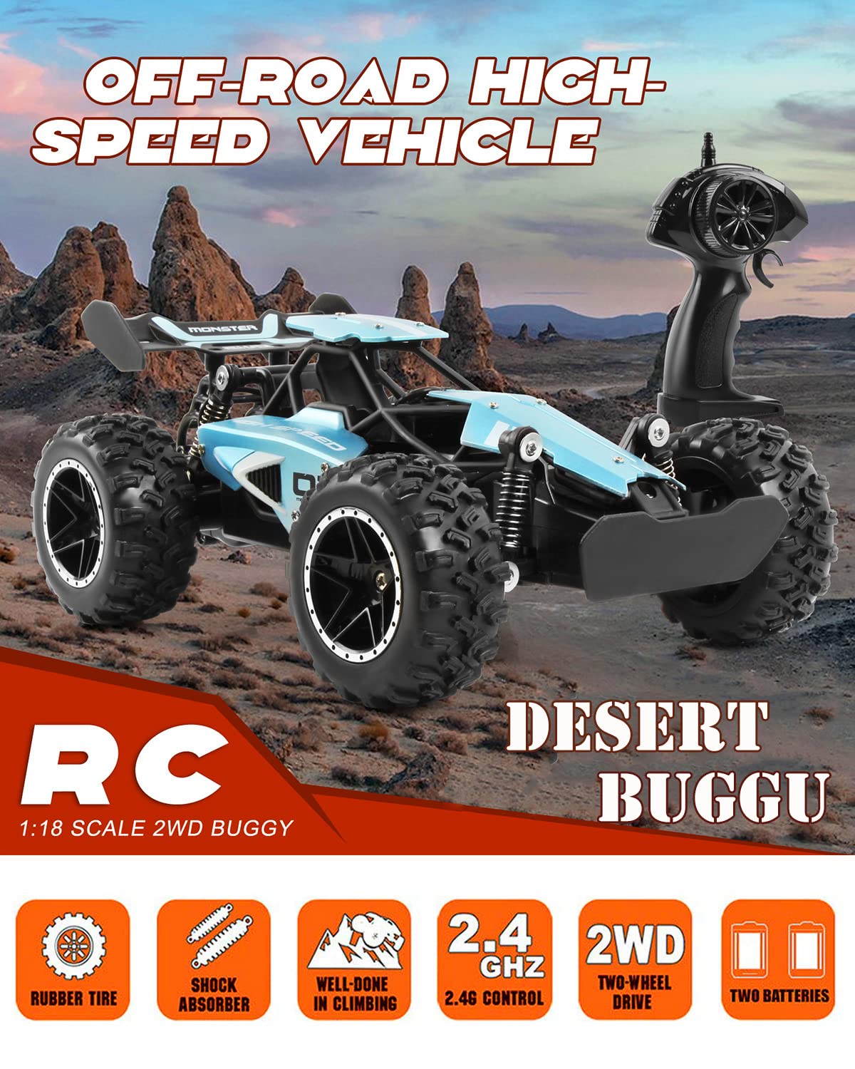 SZJJX Remote Control Cars – 2.4GHz High-Speed RC Car for Kids, 15KM/H+ 2WD Off-Road Remote Controlled Car with 2 Rechargeable Batteries, Electric Remote Control Truck Toy for Boys & Girls Gifts (Blue)