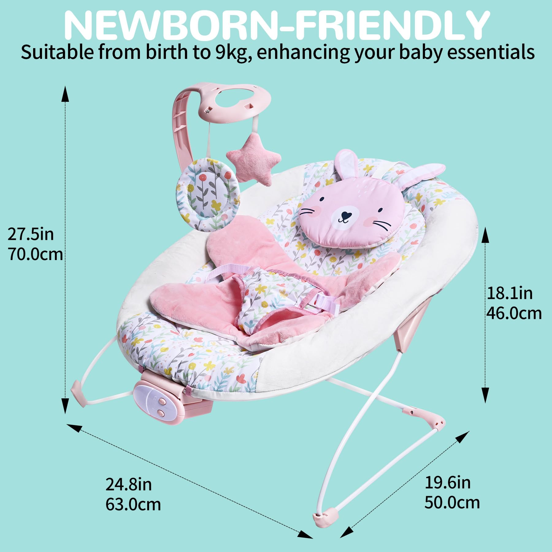 LADIDA baby bouncer for infants aged 0-6 months with toy bar, vibrating seat, 3 speed settings, and soothing music.