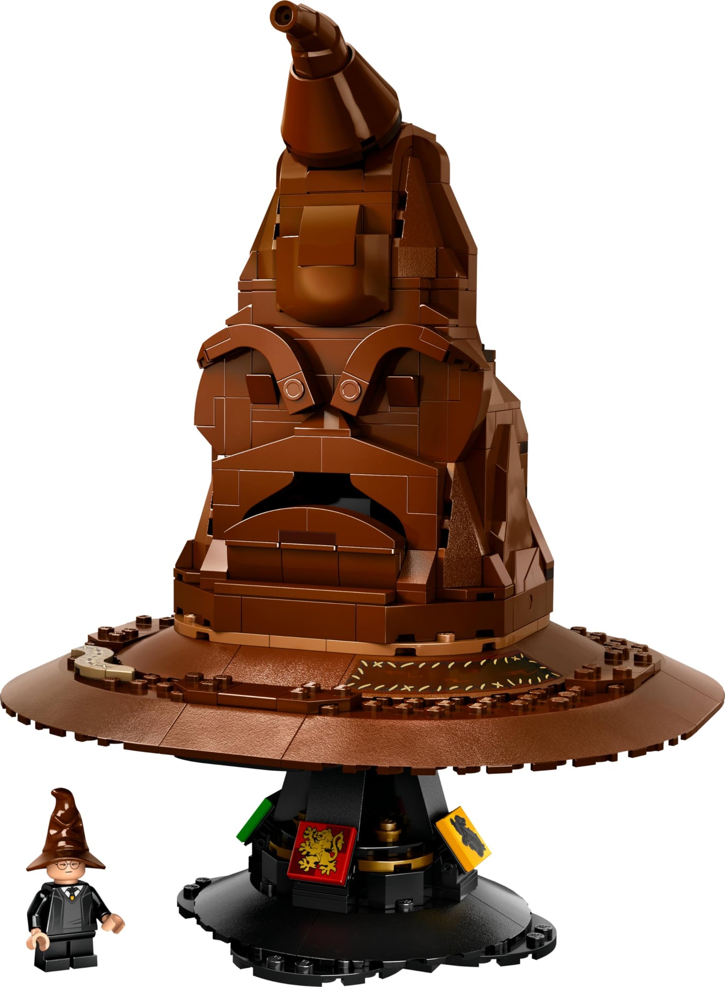 LEGO Harry Potter Talking Sorting Hat set with character minifigure, showcasing details and sounds for adult builders.