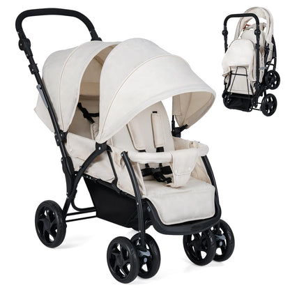 Foldable Twin Stroller, Double Baby Pushchair w/Multi-Level Backrest, Canopy, Handle & Footrest, Safety Belt & Brake System, Travel Tandem Seating Stroller w/Lockable Wheels (Beige)
