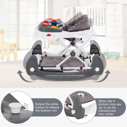 INFANS 5-in-1 baby walker with adjustable height, washable seat, removable music tray, rocker, bouncer, and activity center in grey.