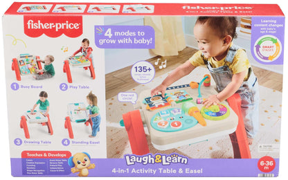 Fisher-Price Laugh & Learn 4-in-1 activity table and art easel with colorful toys and musical features for babies and toddlers.