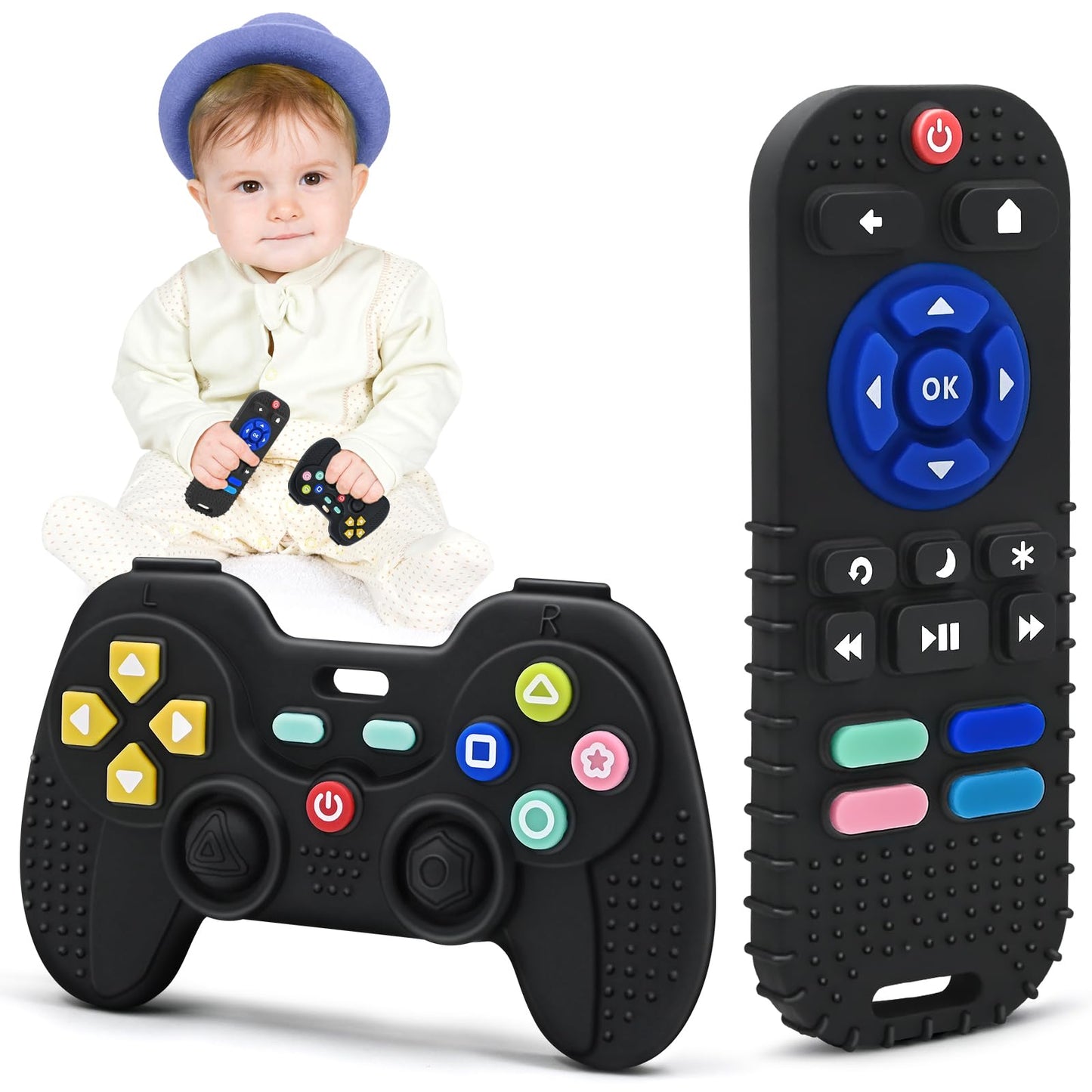 Black silicone teething sensory toys for babies, shaped like remote controls, suitable for 0-12 months, by Mailesi.