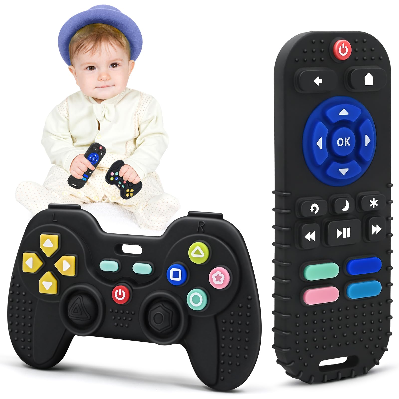 Black silicone teething sensory toys for babies, shaped like remote controls, suitable for 0-12 months, by Mailesi.