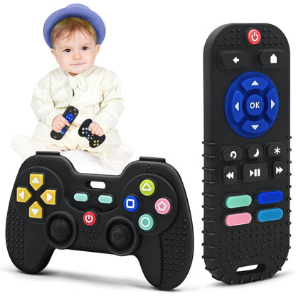 Black silicone teething sensory toys for babies, shaped like remote controls, suitable for 0-12 months, by Mailesi.