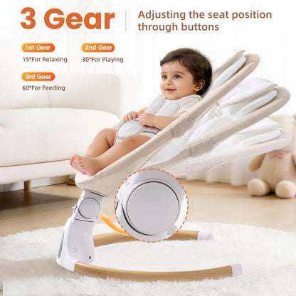 Cozydwells electric baby swing chair in beige with Bluetooth, remote control, multiple swing speeds, and adjustable angles for newborns.