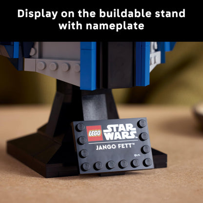 LEGO Star Wars 75408 Jango Fett helmet model kit with adjustable rangefinder and display stand for adult fans.