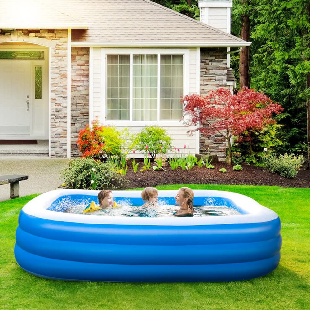 GALAXYER Inflatable Paddling Pool, 3 Rings Large Rectangular Family Swimming Center for Kids Toddlers Adult, Indoor Outdoor Garden Swimming Pool, 205 × 125 × 50 CM