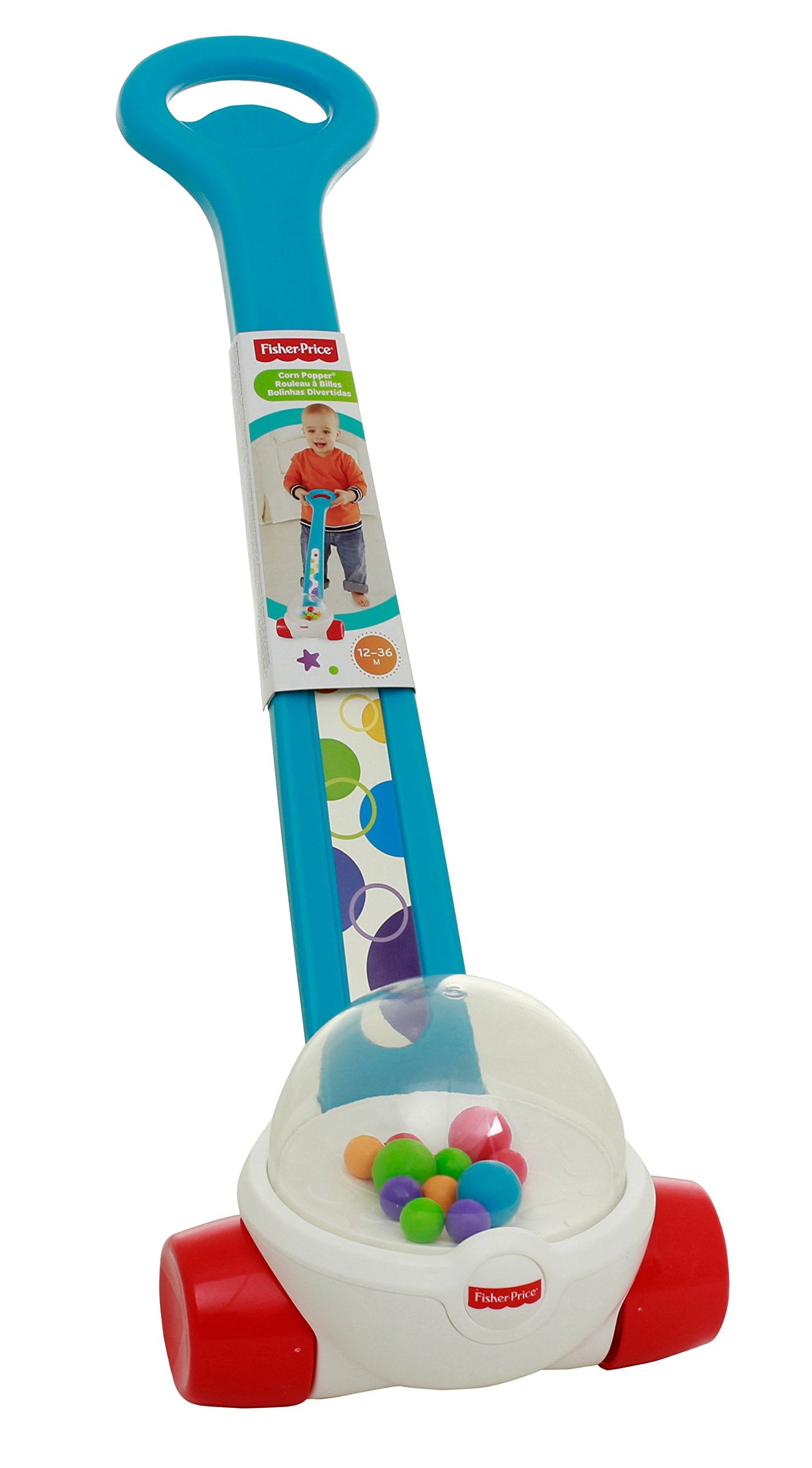 Fisher-Price Corn Popper baby toy in blue with ball-popping action, designed for toddlers aged 1 year and up.