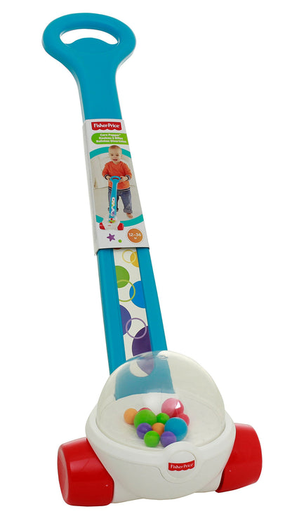 Fisher-Price Corn Popper baby toy in blue with ball-popping action, designed for toddlers aged 1 year and up.