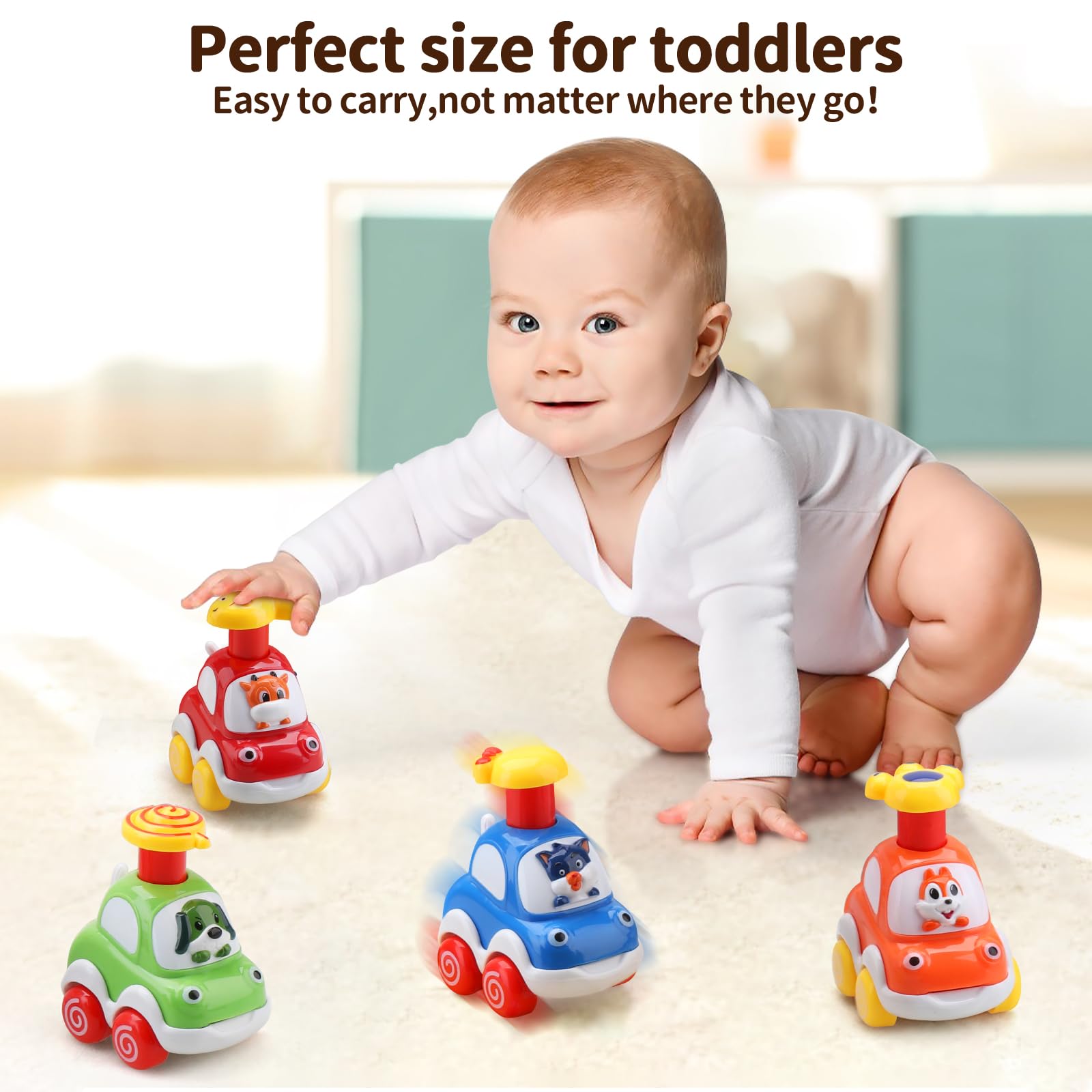 AmyBenton baby toy cars set with four press and go cars for 1-2 year old boys, colorful and suitable as toddler gifts.