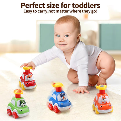 AmyBenton baby toy cars set with four press and go cars for 1-2 year old boys, colorful and suitable as toddler gifts.