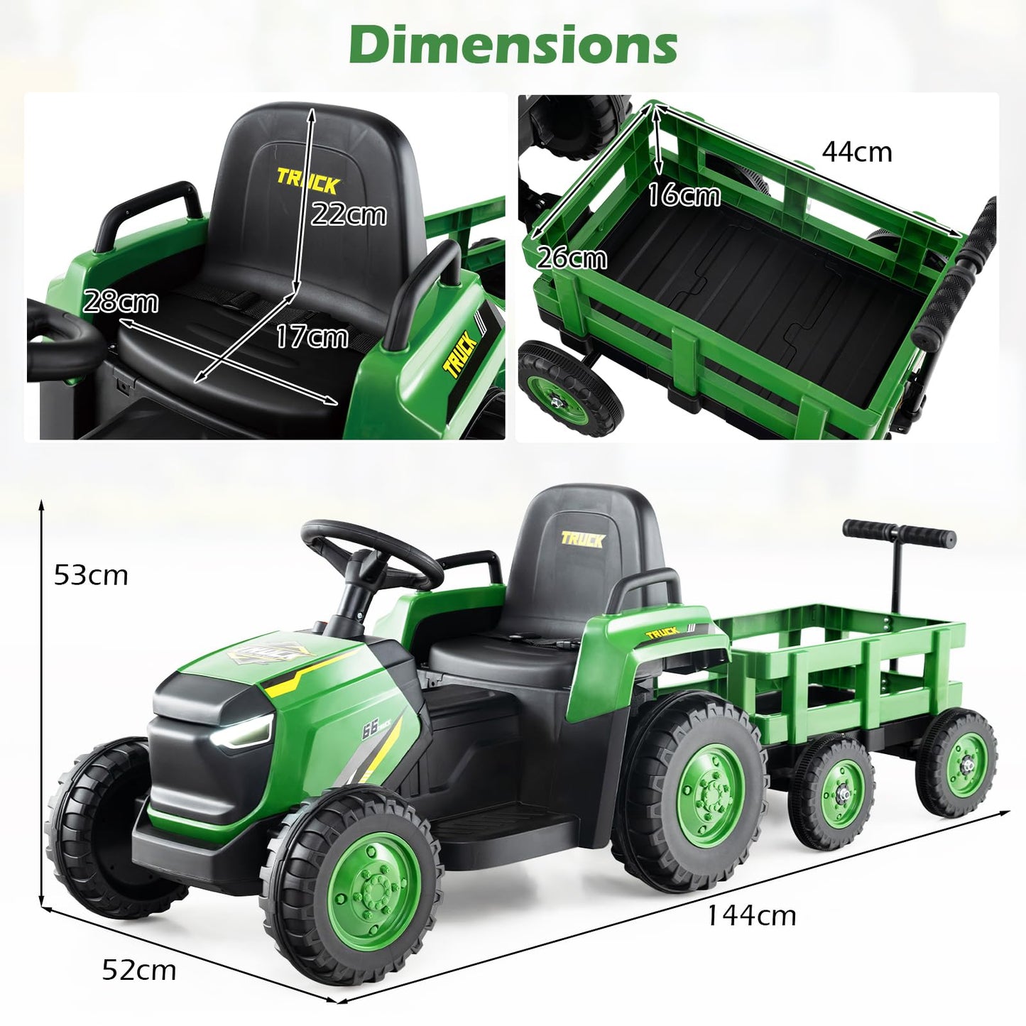 Maxmass Kids Ride on Tractor and Trailer, 12V Battery Powered Electric Construction Toy Car with Remote Control, USB, LED Headlights, Horn, Children Ride on Bulldozer for 3-8 Years Old (Dark Green)