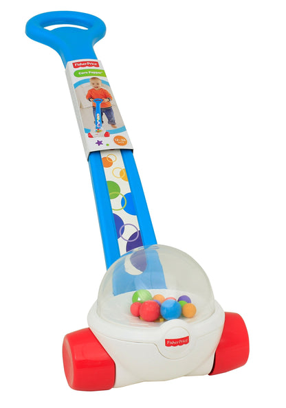 Fisher-Price Corn Popper baby toy in blue with ball-popping action, designed for toddlers aged 1 year and up.