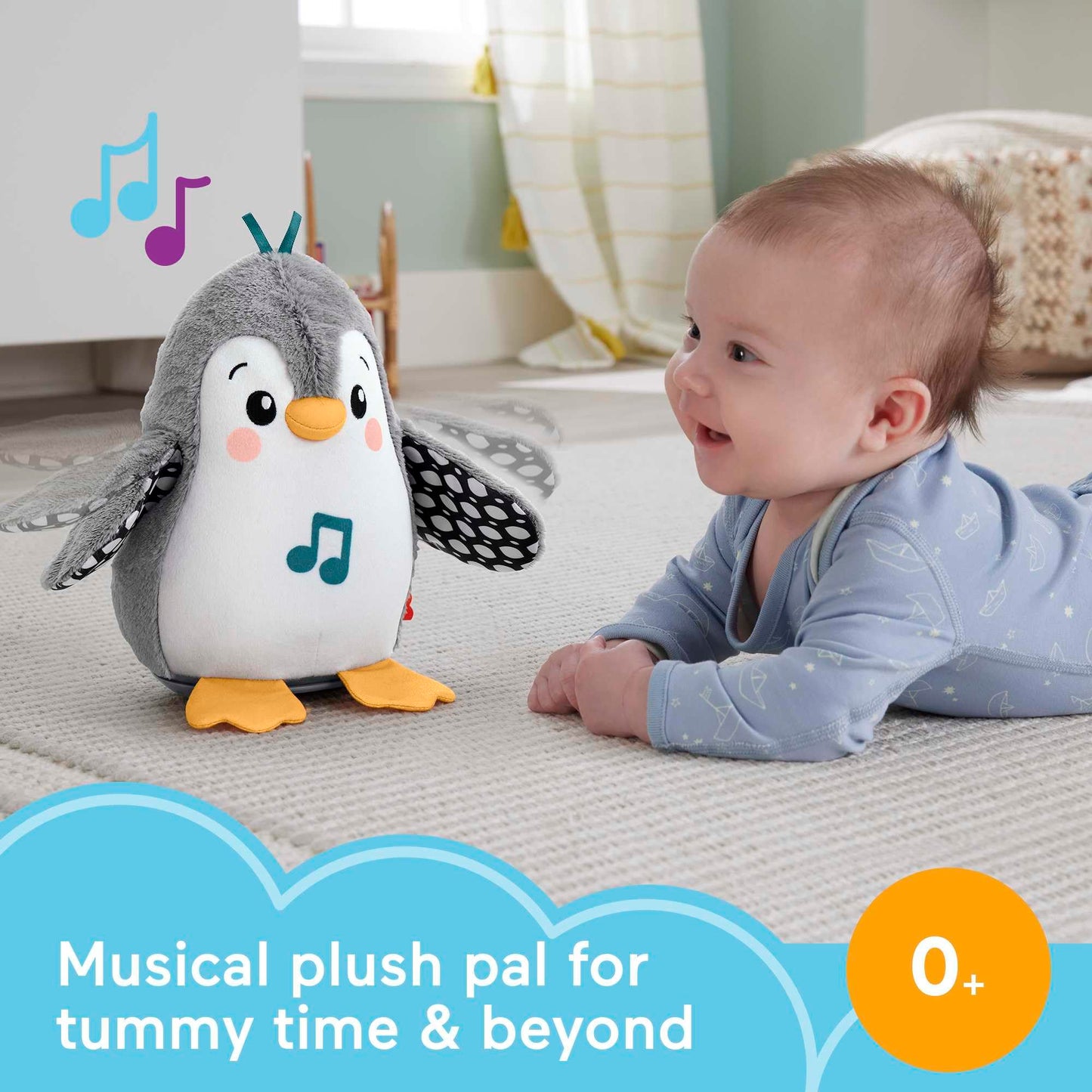 Fisher-Price plush penguin tummy time toy with flaps, wobbling motion, and music for newborns' sensory play and development.