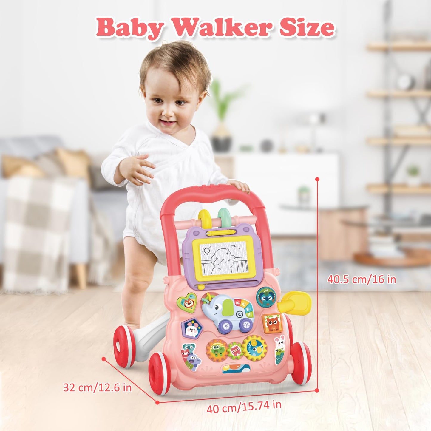 KalaDuck pink sit-to-stand baby walker with music, drawing board, and educational toys for babies 6 months and up.