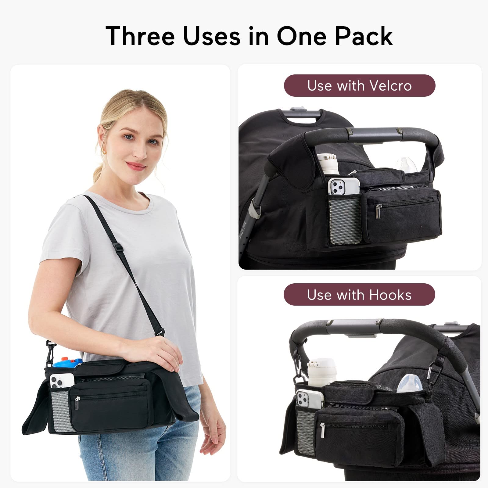 Momcozy baby pushchair organiser with 3 insulated cup holders, detachable pocket, adjustable strap, and large capacity for essentials.